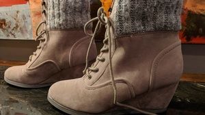 Tan Lace-Up Wedge Booties with Sweater Detail